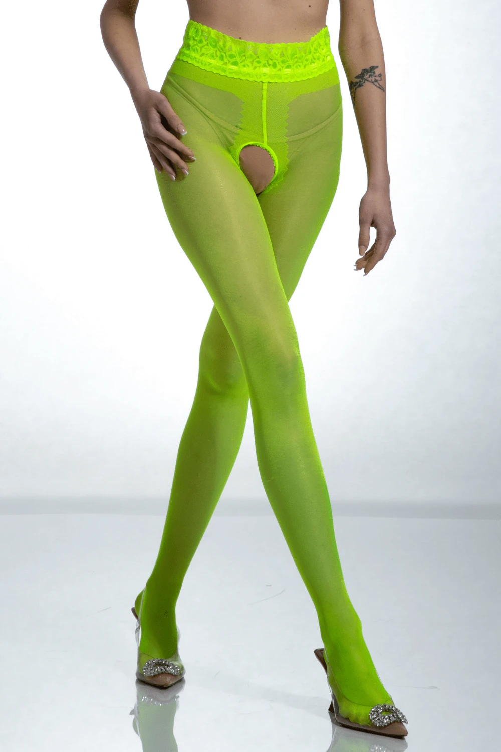 Crotchless Lace Top Tights Fluo Yellow 30 Denier 3 Crotchless Lace Top Tights Fluo Yellow 30 Denier