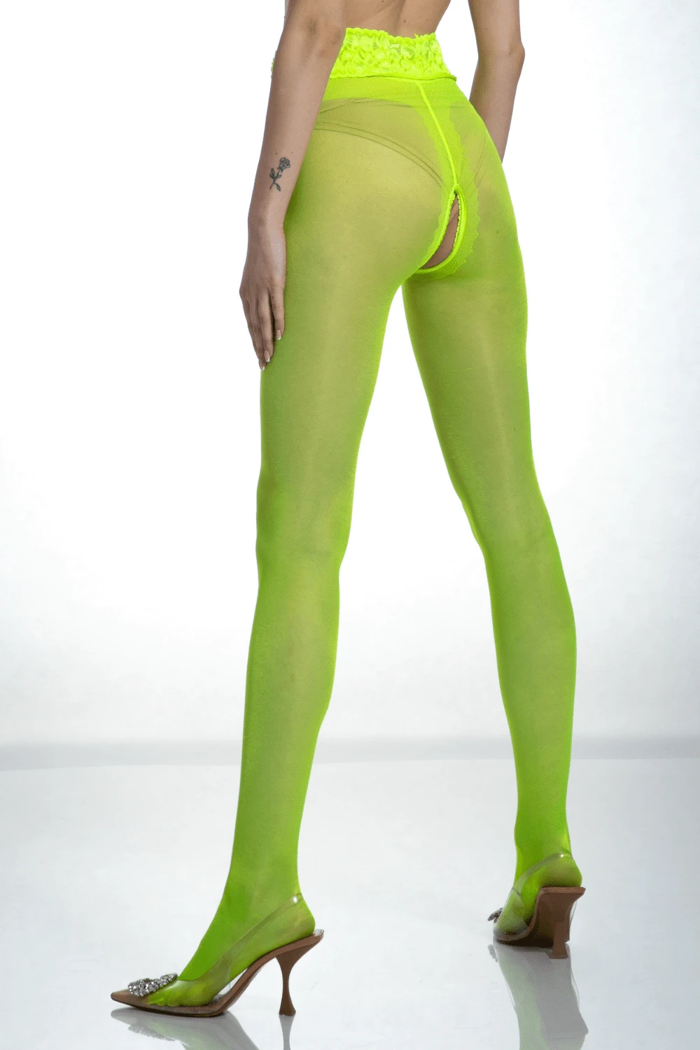 Crotchless Lace Top Tights Fluo Yellow 30 Denier 4 Crotchless Lace Top Tights Fluo Yellow 30 Denier - Image 2