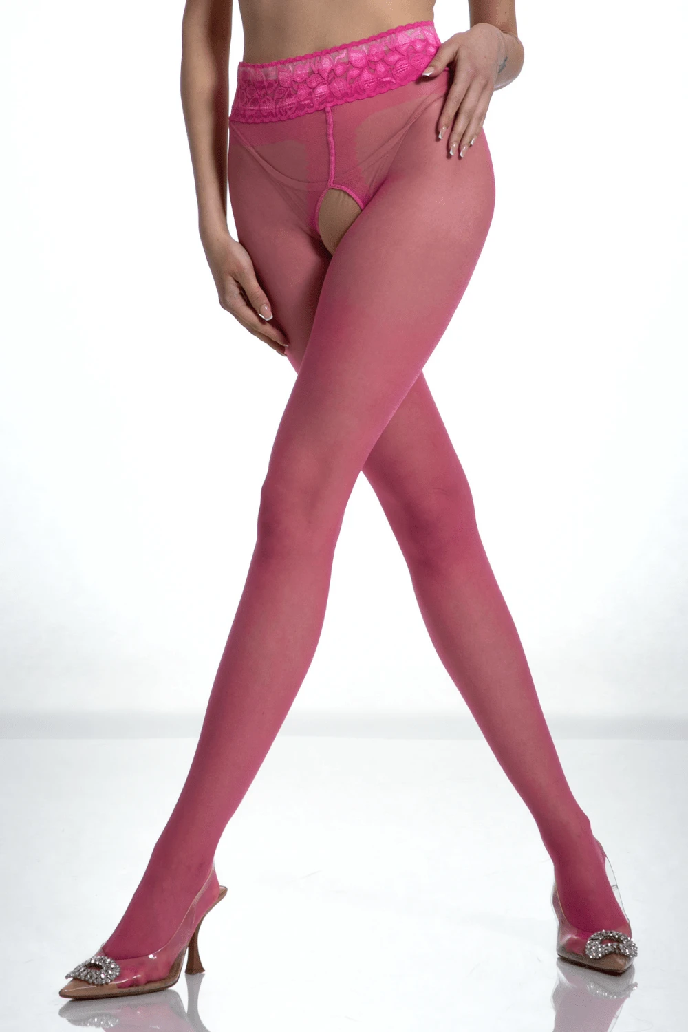 Crotchless Lace Top Tights Pink 30 Denier 3 Crotchless Lace Top Tights Pink 30 Denier