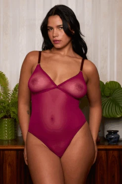 DORA LARSEN Edith Tulle Thong Bodysuit In Purple