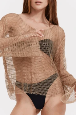 Beige Rhinestone Mesh Beach Cover Up Shirt 12 Beige Rhinestone Mesh Beach Cover Up Shirt -Fashion Lingerie Store gottex beige mesh beach cover up 3