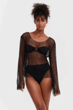 Black Rhinestone Mesh Beach Cover Up Shirt
