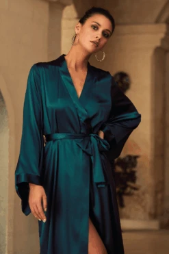 Sophia Long Silk Kimono Peacock 7 Sophia Long Silk Kimono Peacock -Fashion Lingerie Store marjolaine sophia long kimono peacock 3