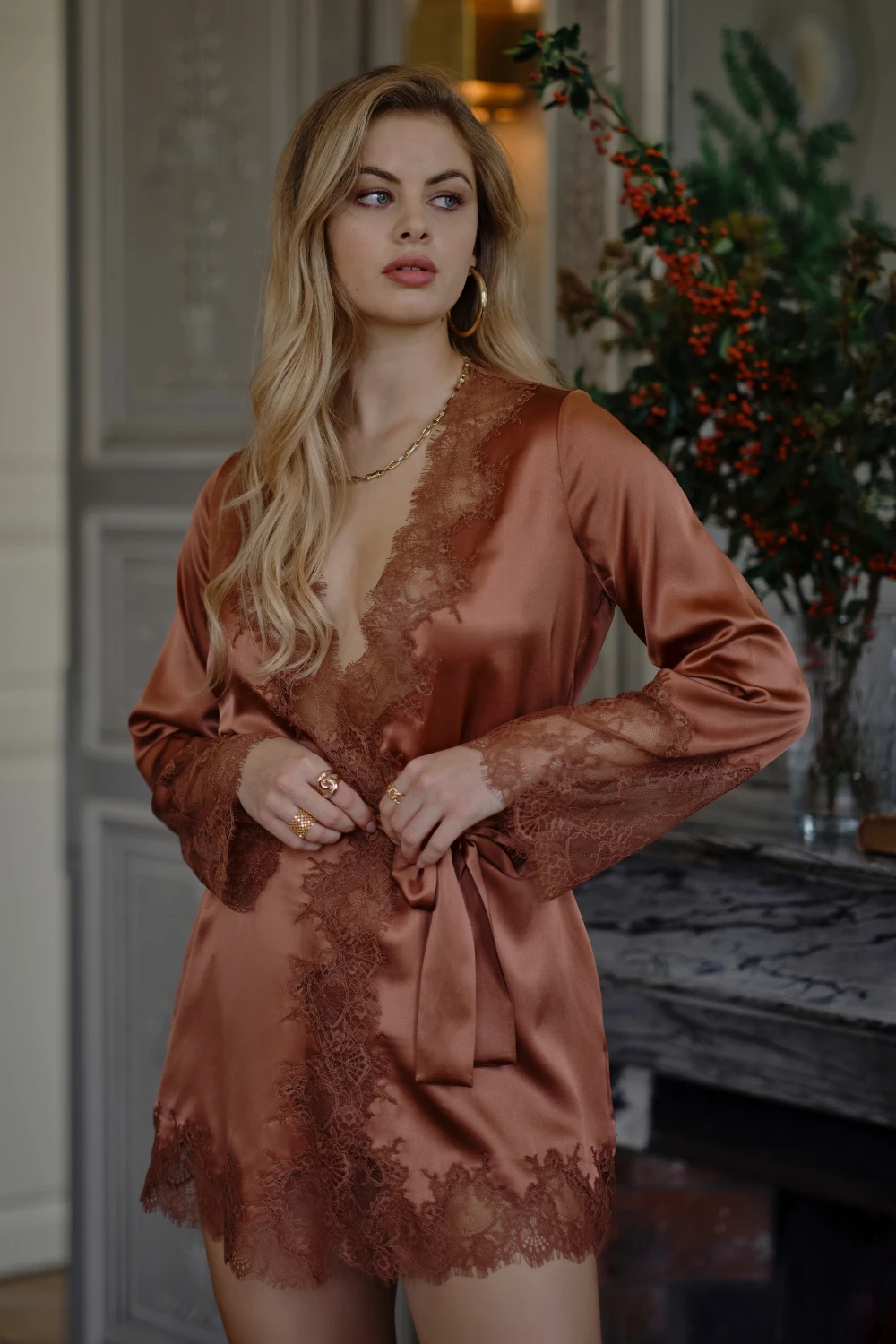 Valerie Short Silk Kimono With Lace 5 Valerie Short Silk Kimono With Lace - Image 3