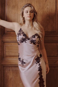 Petal Long Lace Up Silk Nightie 9 Petal Long Lace Up Silk Nightie -Fashion Lingerie Store marjolaine velvet long silk nightie petal black 4