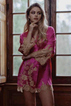 Victoria Short Silk Kimono 8 Victoria Short Silk Kimono -Fashion Lingerie Store marjolaine victoria short kimono fuchsia platinum 3