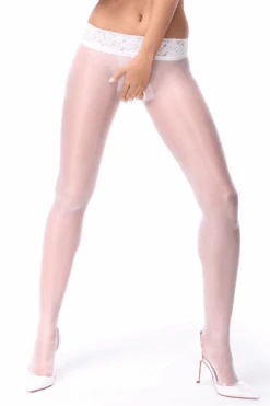 Open Crotch Lace Top Tights White 20 Denier, Size L-XL