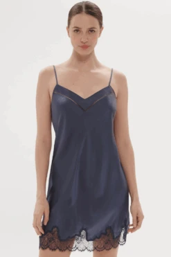 Simone Perele Nocturne Silk Nightdress Cinder Blue, Size 4 (UK 14-16)